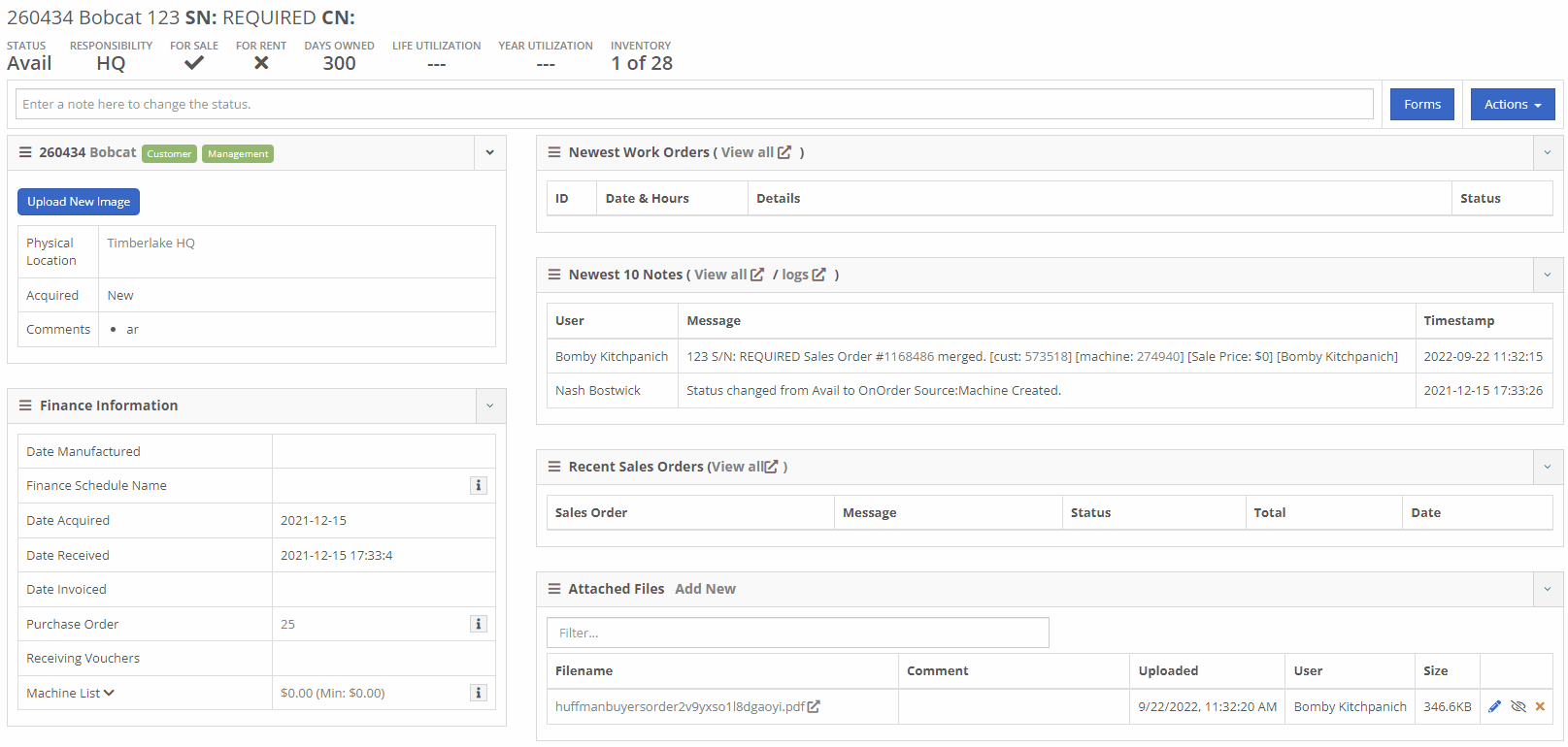 New Sales Order from Machine Dashboard